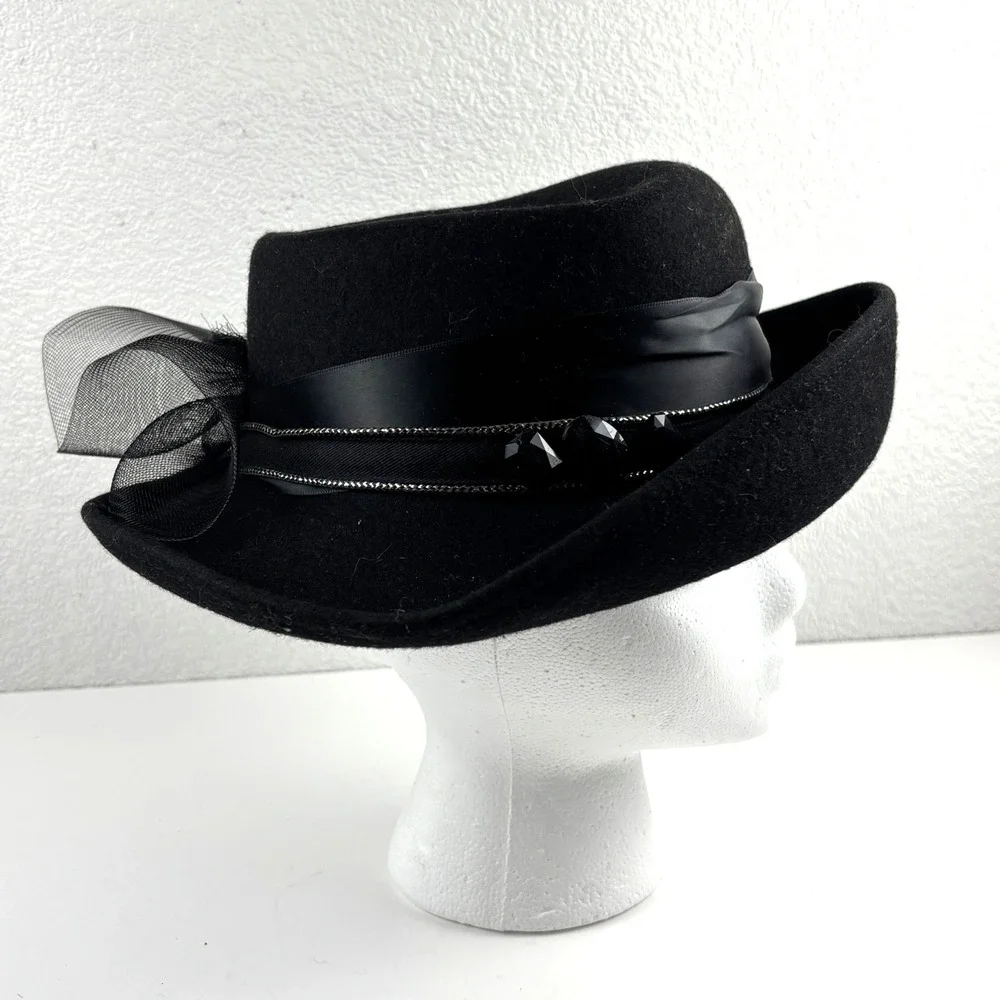 Vintage Wool Felt Hat Womens OS Black Mesh Bow Bead Accent Mid Century MCM